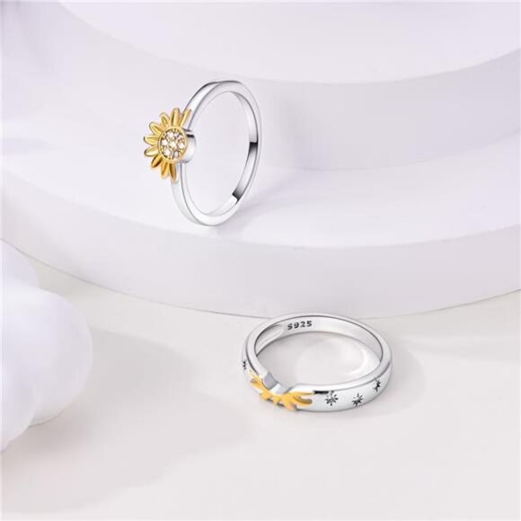 925 Sterling Silver Women Rings Moon Star Ring Evil Eye Ring Colorful Cubic Ring - Picture 3 of 7